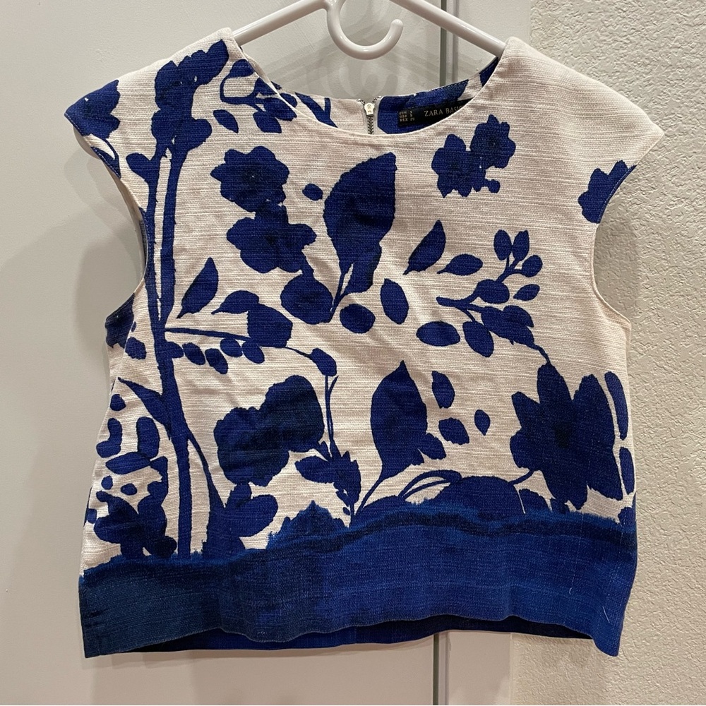 Zara Basic Cobalt and Cream Floral Top